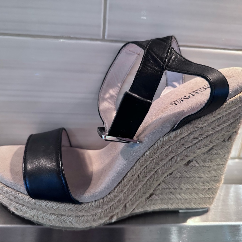 Michael Kors Jill Woven Rope Jute Wedge Black Leather Sandal Platform Size 9 - Picture 3 of 16